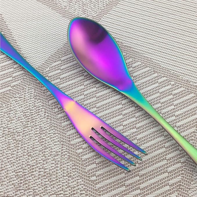 Rainbow Silverware Set, 24-Piece Stainless Steel Flatware Set Service for 4, Tableware Cutlery Set for Home and Restaurant, Knives Forks Spoons, Matte Finish, Dishwasher Safe (Rainbow)