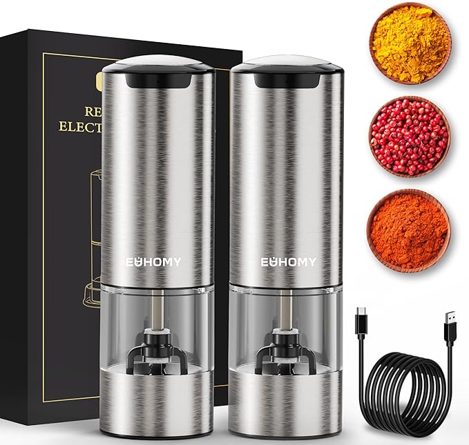 EUHOMY 2 Pack Electric Salt and Pepper Grinder Set USB Rechargeable with LED Light and Base，Adjustable Coarseness, Stainless Steel Automatic Salt Pepper Mill Grinder, One Handed Operation, Kitchen
