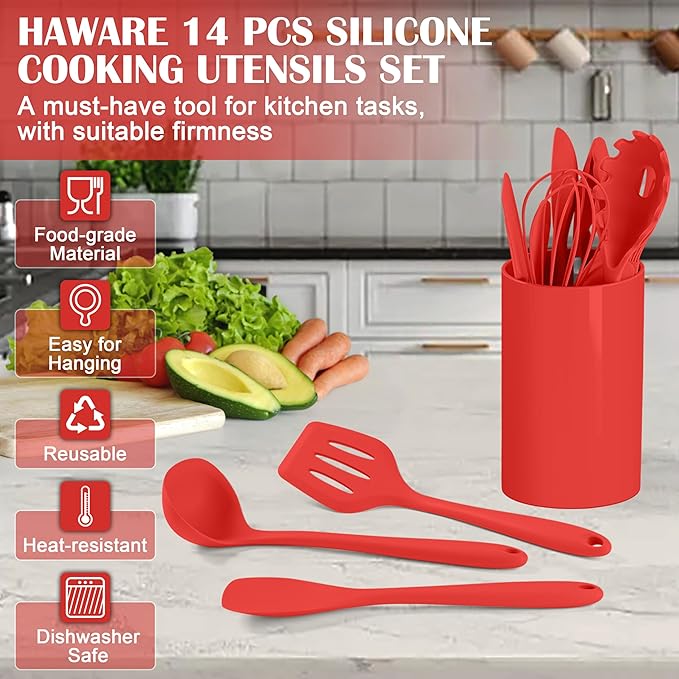 HaWare Kitchen Utensils, 14 PCS Silicone Cooking Utensils Set, Heat Resistant Kitchen Utensils for Non-stick Cookware, Kitchen Gadgets Tools with Spoons, Spatulas, Whisk, Dishwasher Safe (Red)