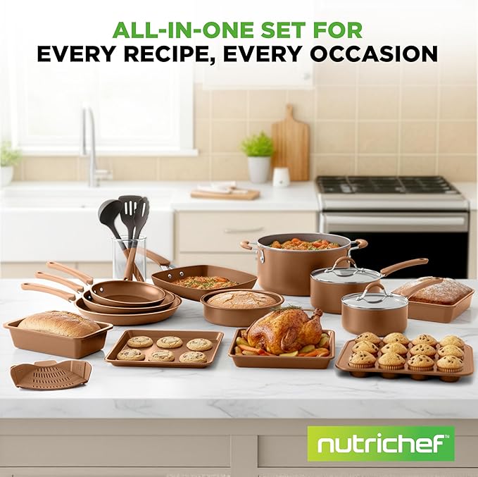 Nutrichef 20 Piece Professional Home Kitchen Cookware and Bakeware, Pots and Pans Set Non Stick Kitchenware, Cool-Touch Handles, Non Toxic, Safe for Gas, Electric, Induction Cooktops, Easy Clean