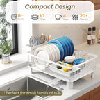 Dish Drying Rack - Small Dish Rack for Kitchen Counter, Stainless Steel Dish Drainer with Utensil Holder and Drainboard (White)