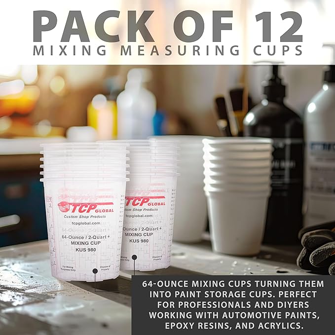 Custom Shop Paint Mixing Cups, 64-Ounce (12 Pack) - Plastic Measuring Cups for Liquids, Automotive Painting, Epoxy Resin, Acrylic Arts, Crafts, Disposable or Reusable, Graduated, Mixing Ratios