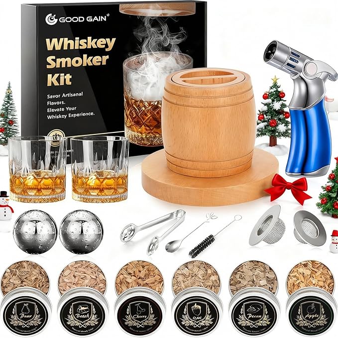Whiskey Smoker Kit with Torch - Old Fashioned Cocktail Smoker Kit with 6 Flavors Wood Chips | 2 XL Stainless Steel Ice Balls & 2 Glasses, Christmas Bourbon Whiskey Gifts for Men, Dad(No Fuel Included)