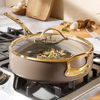 Bloomhouse - Two Time Oprah's Favorite Things Winner - 6 QT Heavy Duty Aluminum Premium PFA Free Ceramic Nonstick Saute/Deep Frying Pan Skillet with Lid - Cappuccino Cream with Gold Handle