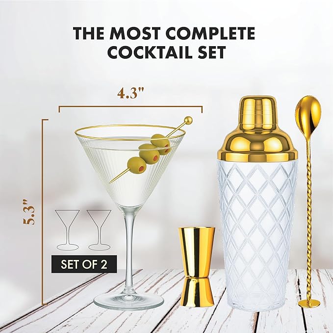 VEMACITY - Luxury Cocktail Shaker Set - Gold Glass Cocktail Shaker with Built-In Strainer, 2 Ribbed Espresso Martini Glasses with Gold Rims, Bar Spoon & Jigger - Gift Sets, Wedding Gift