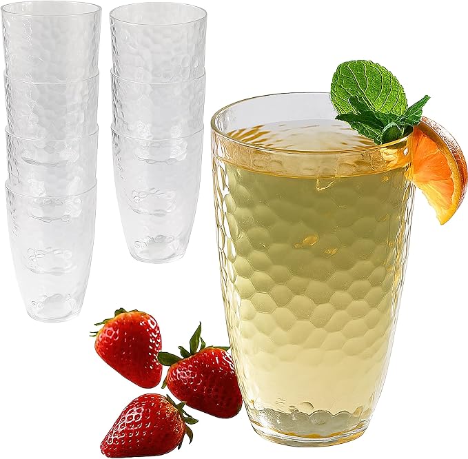Kate Aspen Clear Hammered Acrylic Cups - Plastic Drinking Glasses Set of 8, 23 oz, Plastic Tumblers Dishwasher Safe, Shatterproof Cups Reusable for Water, Lemonade, Cocktails
