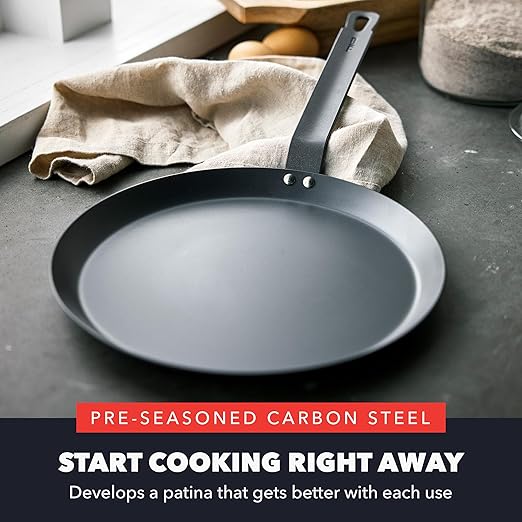 GreenPan x Bobby Flay 11" Carbon Steel Crepe Pan, Pre-Seasoned, Nontoxic, PFAS-Free, Induction Compatible, Pancake & Omelet Flat Griddle, High-Heat & Oven Safe Cookware, Cast Iron Alternative