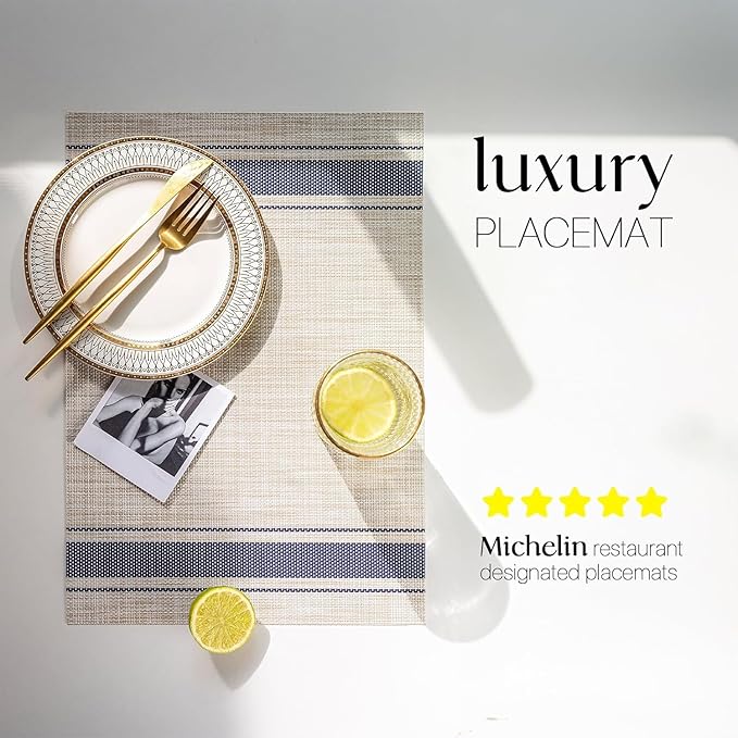 LEXMORE PlaceMats Set of 12 Vinyl/Plastic Woven Place Mats for Kitchen Table Indoor/Outdoor Washable PlaceMat Wipeable Dining Table Mats(Blue Skyline)