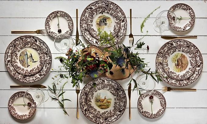 Spode Woodland Wildlife Black Bear 8" Porcelain Salad Plate - Rustic Holiday Dinnerware, Decorative Dish for Salad, Dessert & Appetizers, Dishwasher, Microwave, Freezer, Oven Safe - Made in England