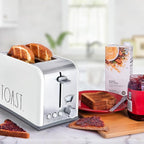 Rae Dunn Toaster, Stainless Steel 2 Slice Square Toaster, Wide Slot with 5 Browning Levels, with Bagel, Defrost and Cancel Options (White)