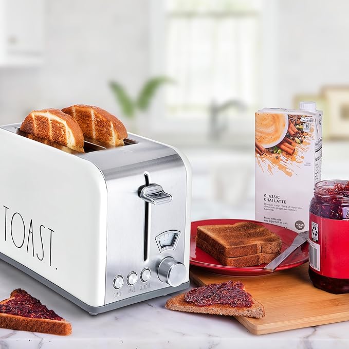 Rae Dunn Toaster, Stainless Steel 2 Slice Square Toaster, Wide Slot with 5 Browning Levels, with Bagel, Defrost and Cancel Options (White)