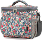 FlowFly Insulated Reusable Lunch Bag Adult Large Lunch Box for Women and Men with Adjustable Shoulder Strap,Front Zipper Pocket and Dual Large Mesh Side Pockets,Floral