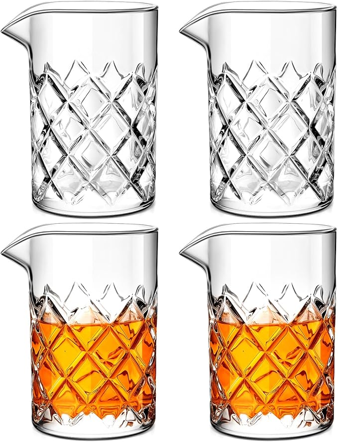 Dandat Cocktail Mixing Glass Crystal Stirring Glass Thick Bottom Seamless Cocktail Pitcher for Home Bartender Bar Whiskey Martini Drink Shaker Accessories(4 Pcs,24 oz)
