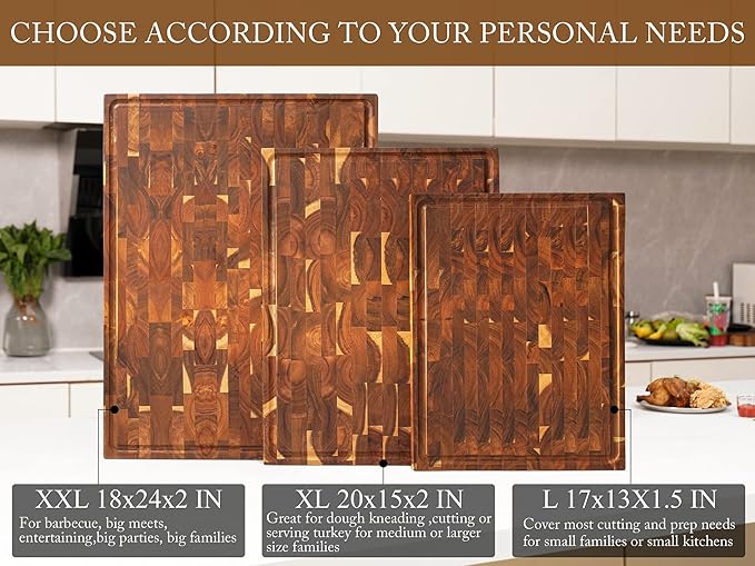 AZRHOM Thick End Grain Acacia Wood Cutting Board 20x15x2 In, Wooden Butcher Block, Chopping Board For Kitchen with Juice Groove Handles Non-Slip Pats (Gift Box)