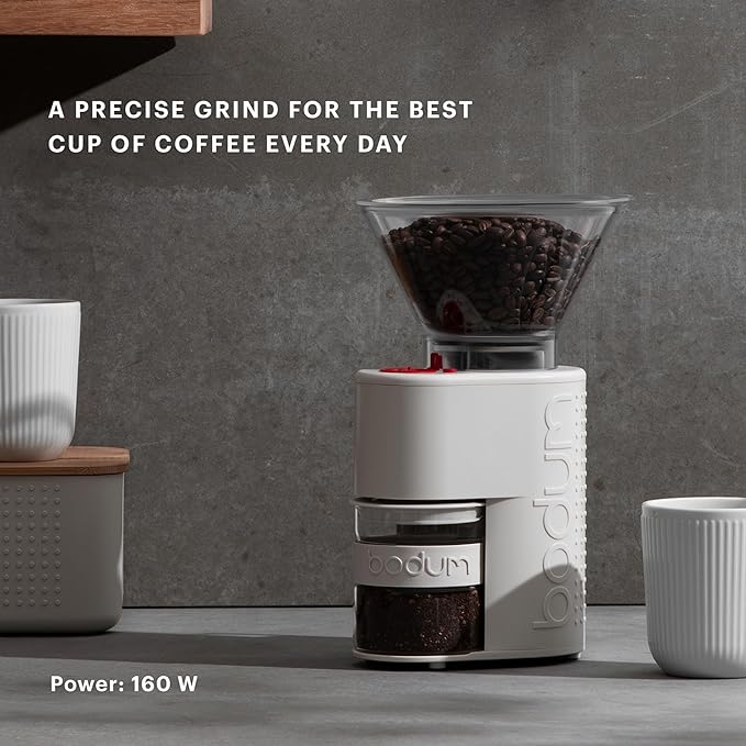 Bodum Bistro Electric Conical Burr Coffee Grinder, Preset Timer, 12 Grind Settings, White