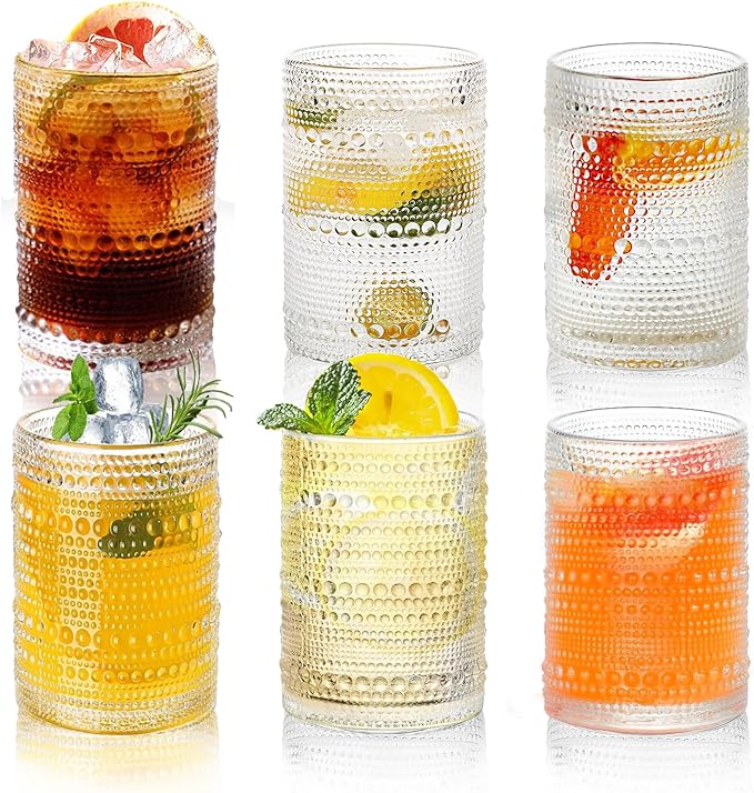 Hobnail Drinking Glasses Set,16 Oz Vintage Embossed Glass Tumbler for Cocktail, Beer, Juice, Water, Whiskey and Kitchen Glassware,6pack