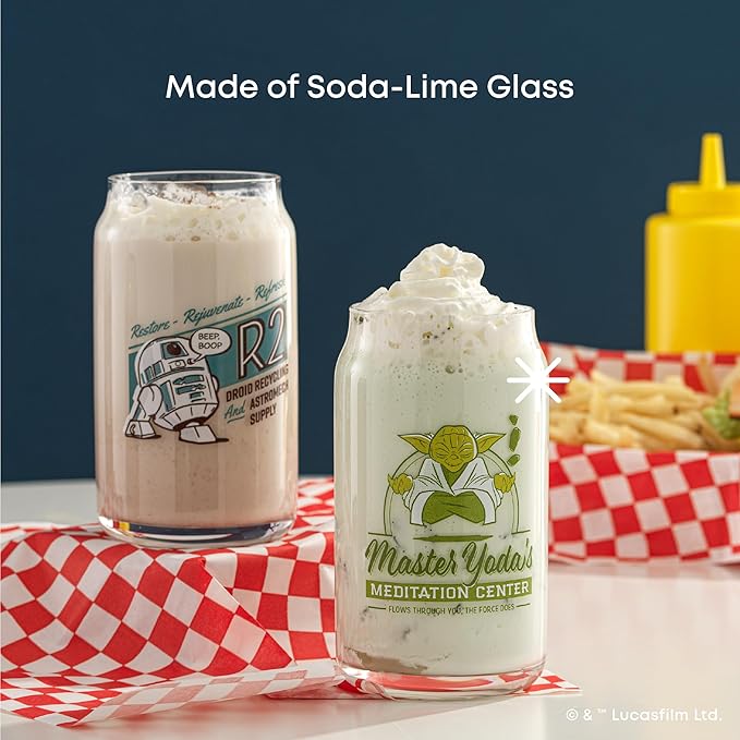 JoyJolt Star Wars Retro Vintage Collection 16.9oz Glass Tumblers - Featuring Darth Vader, R2D2, Yoda, Chewbacca, Red Leader, Jawa - Original Trilogy Drinkware, Set of 6 with Glass Straws