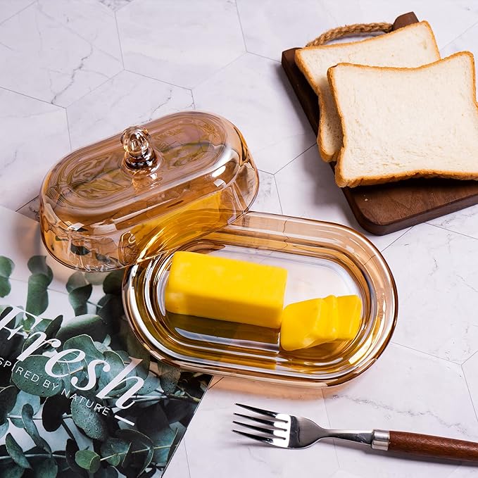 Champagne Color Glass Butter Dish with Lid, Covered Butter Stick Holder Tray, Large Crystal Glass Butter Storage Container for Kitchen Countertop