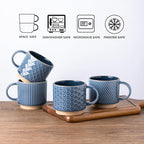 GBHOME 6 OZ Stackable Coffee Mugs, Ceramic Coffee Mugs with Texture Patterns for Man,Woman,Dad,Mom, Modern Coffee Cups Set of 4 for Espresso/Cappuccino/Cocoa. Dishwasher&Microwave Safe, Moonlight Blue