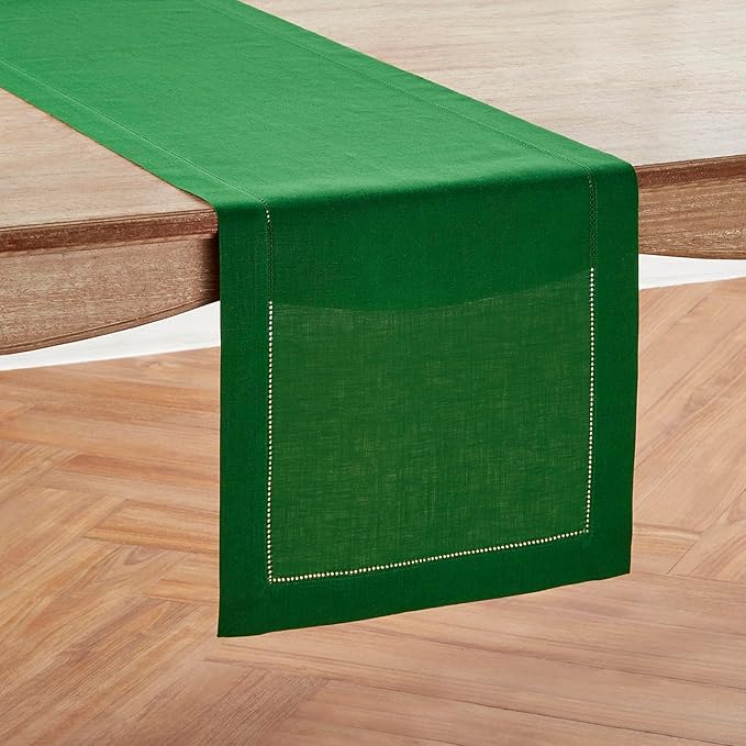 Solino Home Linen Garden Green Table Runner 144 Inches Long - 100% Pure Linen Extra Long Table Runner 14 x 144 Inch - Classic Hemstitch