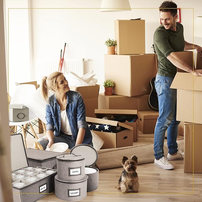 Homelux Theory 2pc Dessert Storage with Lid, Hard Shell China Storage Containers, Heavy Duty Dinnerware Storage Box with 24 Felt Pads and Thick Surface for Dishes and Dinner Plate, Move Out Essentials