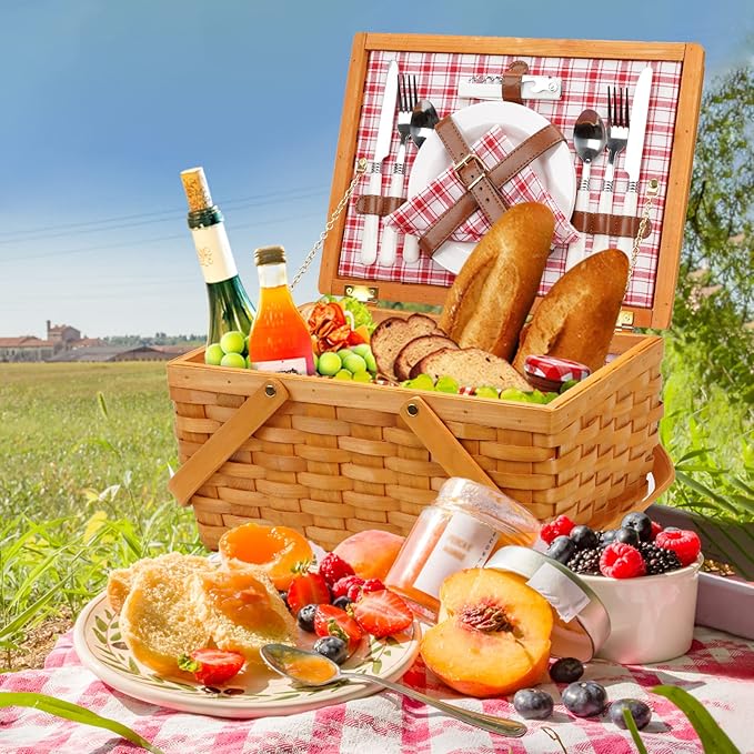 Picnic Basket Set for 2 Persons, Woven Woodchip Basket with Folding Handles & Lid, Red and White Gingham Lining Basket Set with Utensils Cutlery - Perfect for Picnic, Camping, Valentine Day, Outdoor