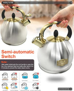 Stove top Whistling Tea Kettle Food Grade Stainless Steel Teapot of 5-layer base for Camping & Kitchen(Brushed, 2.64 Qt)