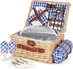 HappyPicnic Picnic Basket Set for 2 - Wicker Picnic Basket with Waterproof Blanket & Insulated Liner, Large Handmade Willow Hamper with Cutlery Kit for Outdoor, Picnic, Camping, Party, Holidays (Blue)