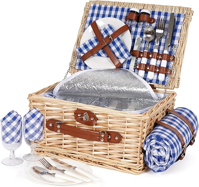 HappyPicnic Picnic Basket Set for 2 - Wicker Picnic Basket with Waterproof Blanket & Insulated Liner, Large Handmade Willow Hamper with Cutlery Kit for Outdoor, Picnic, Camping, Party, Holidays (Blue)