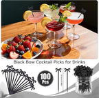 100Pcs Bow Cocktail Picks Party Toothpicks Christmas Black Plastic Fruit Skewers Bow Drink Stirrers Cupcake Toppers Fancy Toothpick for Appetizers Drinks Wedding Coquette Birthday Bow Party Decor