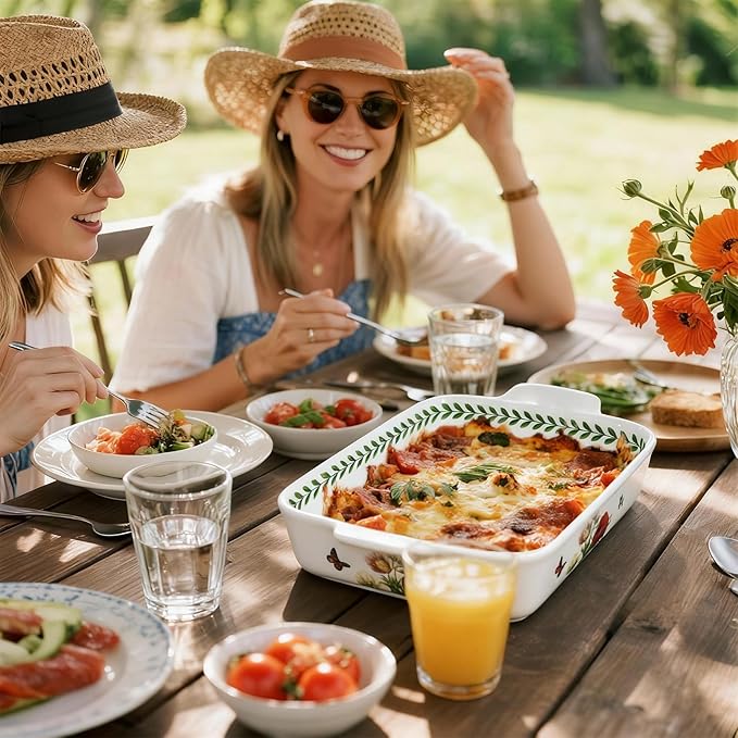 ACMLIFE Ceramic Casserole Dish for Oven, Floral Baking Dishes for Oven Lasagna Pan, Large Baking Dish with Handles, Durable and Oven Safe Pan, for Roasting and Baking, Gift Packaging 2 Pcs Set(13"x8"+10.3"x6.3") (Beauty)