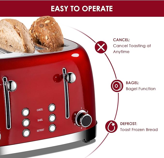 Roter Mond 4 Slice Toaster Retro Stainless Steel with Bagel Defrost Cancel Function, 6 Browning Settings, Extre Wide Slot and Removable Crumb Tray, Red, ST033