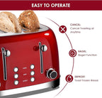 Roter Mond 4 Slice Toaster Retro Stainless Steel with Bagel Defrost Cancel Function, 6 Browning Settings, Extre Wide Slot and Removable Crumb Tray, Red, ST033