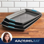 Rachael Ray Bakeware Nonstick Cookie Pan Set, 3-Piece, Gray with Agave Blue Grips