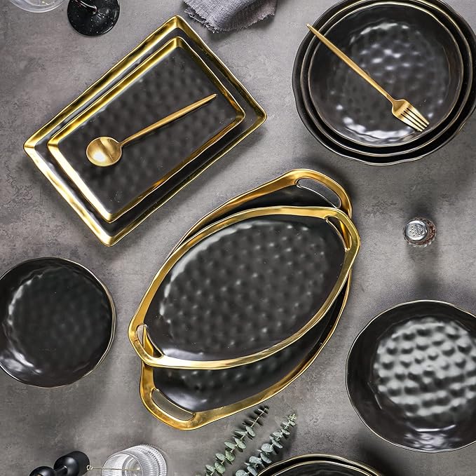 Stone Lain Florian Porcelain Large and Medium Rectangle Service Platters, Black with Gold Rim