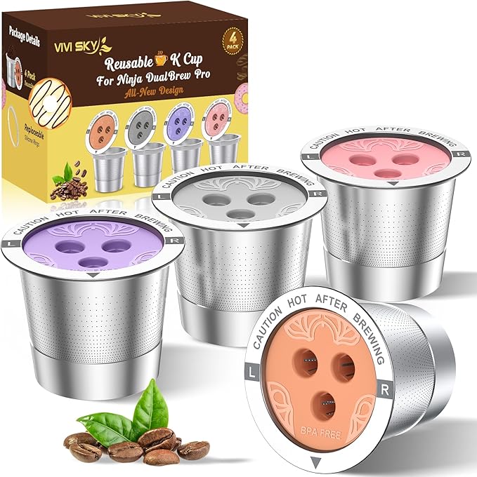Ninja Reusable Coffee Pod: VIVI SKY Upgraded Stainless Steel Refillable Ninja K Cups - 3 Holes Coffee Filters For Ninja Coffee Maker CFP201 CFP301 CFP305 CFP307 CFP400 CFP300 (4 Pack)