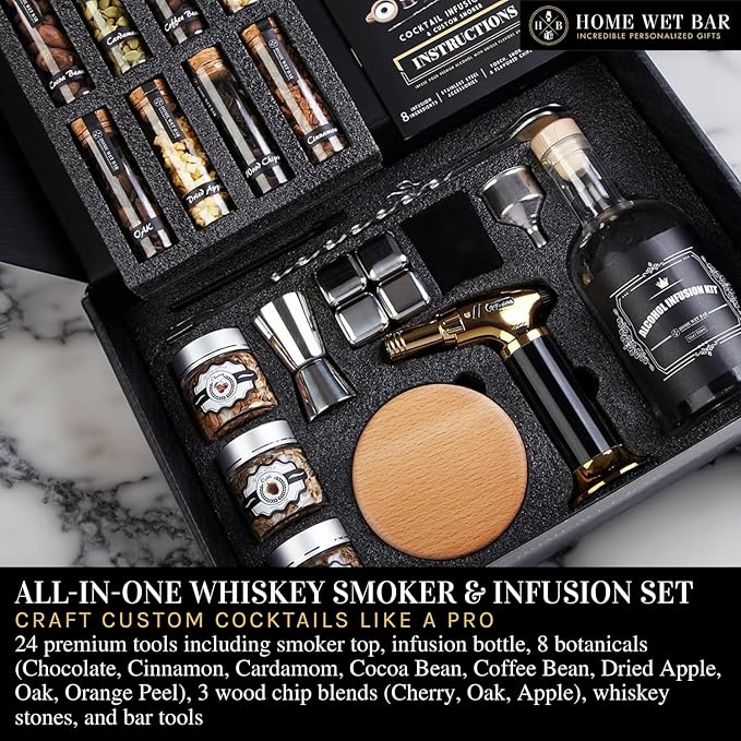 24 pc Whiskey Smoker & Cocktail Infusion Kit with Torch | Ultimate Whiskey Making Set | Smoker Top, Infusion Bottle, 8 Botanicals, Stones & Wood Chips
