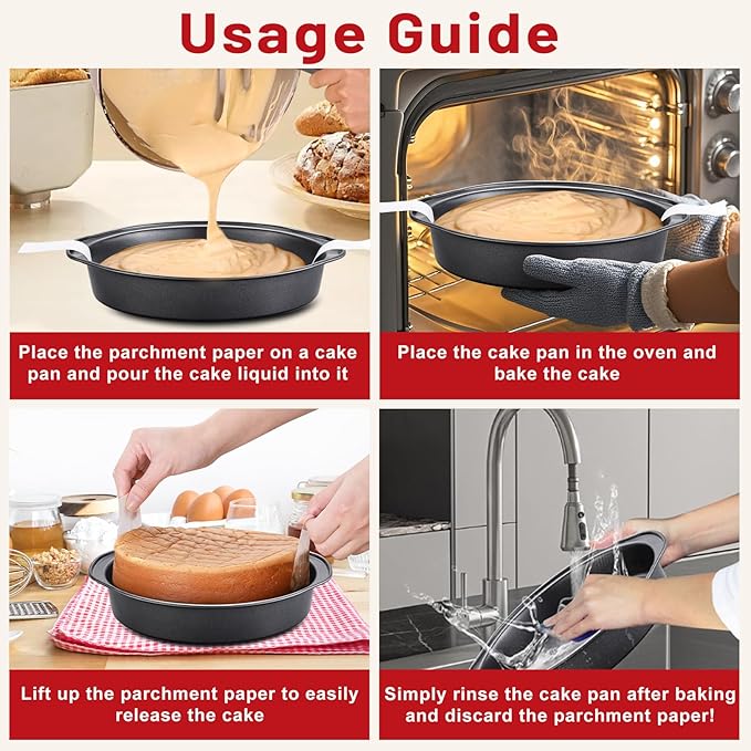 Unokit Round Cake Pan - 3 PCS 8 Inch Carbon Steel Cake Baking Pans with 100 PCS Parchment Paper, Nonstick Cake Pans with Handle, Dishwasher Safe