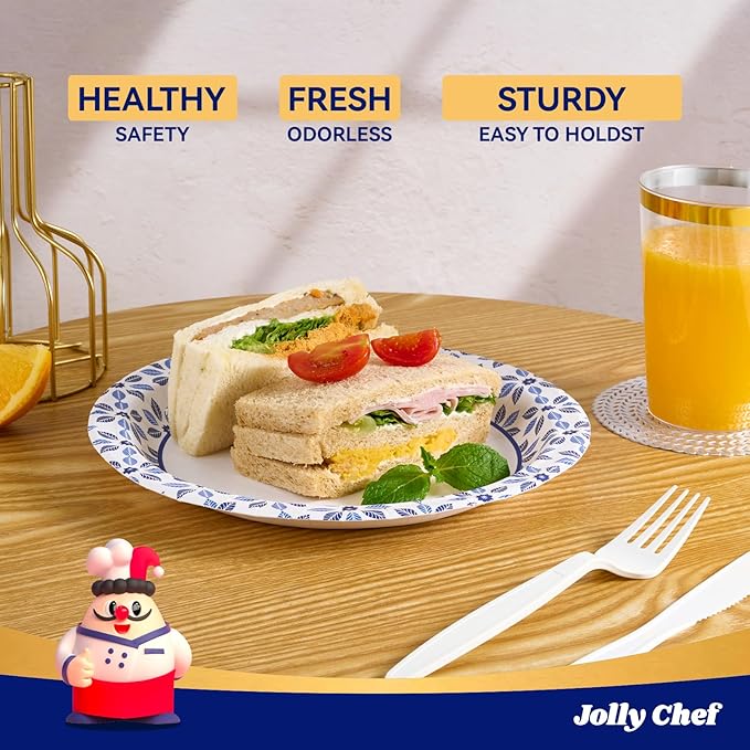 JOLLY CHEF 10 inch Disposable Paper Plates 500 Count, Soak Proof, Cut Proof, Heavy Duty Paper Plates for Thanksgiving or Everyday Use