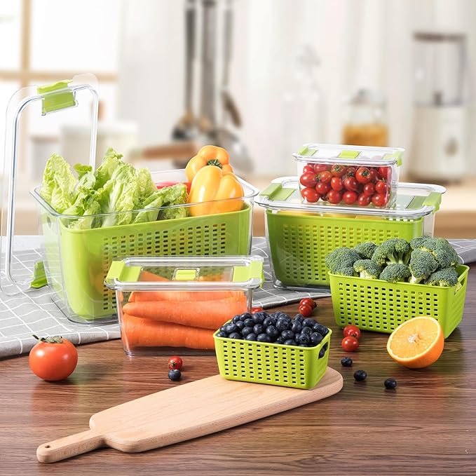 LUXEAR Fruit Vegetable Storage Container, 4 Pack Fresh Containers for Fridge with Lids BPA-Free Produce Refrigerator Organizer for Fruit, Veggie, Berry, Meat Storage Keep Fresh Longer-Green