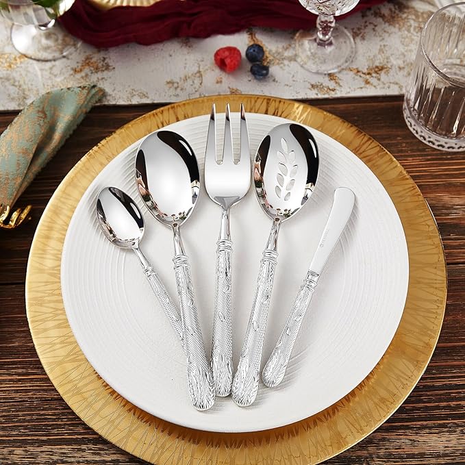 KEAWELL Premium Versailles Silverware Set, 45-Piece flatware set for 8, 18/10 Stainless Steel, Heavy-Duty, Mirror Polished, Royal Engraved Handle, For Formal Dining, Dishwasher Safe (45, Silver)