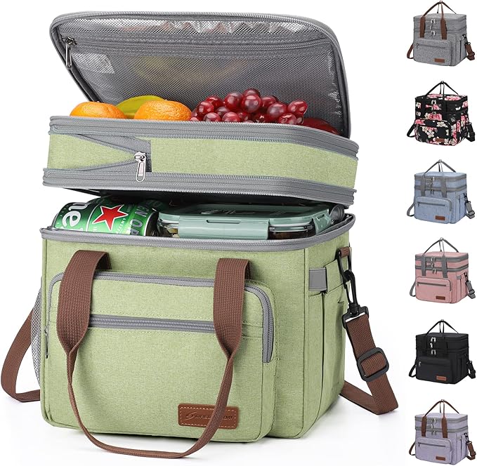 Maelstrom Lunch Bag Women,23L Insulated Lunch Box For Men Women,Expandable Double Deck Lunch Cooler Bag,Lightweight Leakproof Lunch Tote Bag With Side Tissue Pocket,Green