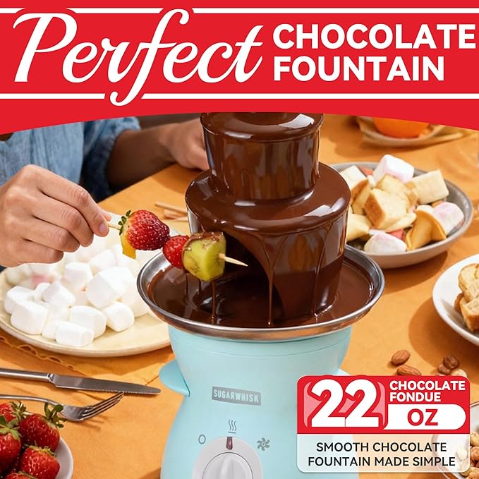 3 Tier Mini Chocolate Fountain Machine, Easy to Use & Clean, Great for Parties, Events & Weddings, 22 Oz Capacity, Aqua