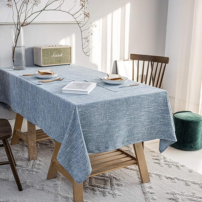Waterproof Cotton Linen Tablecloths Rectangle Dining Table Cloth, Wipe Clean Indoor & Outdoor Table Cover for Buffet Party Banquets, Wrinkle Resistant（54"x102"） Dirty Blue