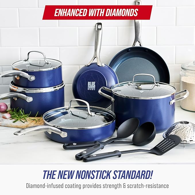 Blue Diamond 14 Piece Nonstick Cookware Set, Diamond Ceramic Pots & Pans, Dishwasher & Metal Utensil Safe, Non Toxic PFAS-Free, Kitchen Cooking Sauce & Saute Pans, Oven & Broiler to 600F, Blue