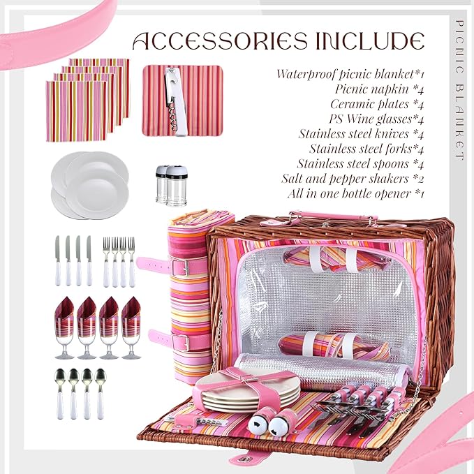 Picnic Basket Set for 4 with Waterproof Blanket Mat Insulation Bag Wicker Pink Red Stripe Classic Gift for Wedding Birthday Summer Camp Outdoor Camping Beach Travel Christmas Vacation