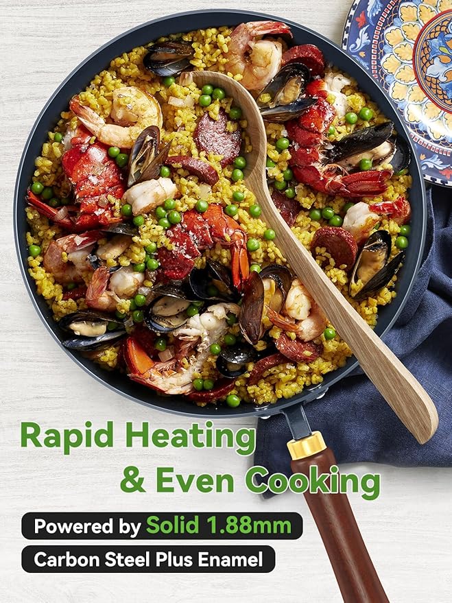 Nonstick Frying Pan, 11-Inch Enameled Carbon Steel Pan, Stay-Cool Wooden Handle Stir-Fry Pan, Non Toxic, PTFE & PFOA Free Oven-Safe, Season-Free Carbon Steel Skillet For All Stovetops