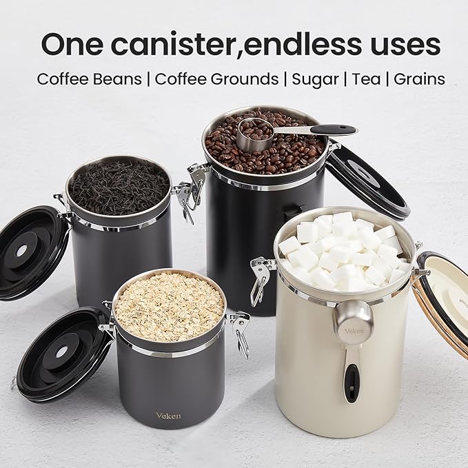Veken Coffee Canister, 39OZ Large, Airtight Stainless Steel Food Storage Container for 2.2lbs Coffee Beans, Ground, Sugar, Tea, Flour, Cereal, Kitchen Bar Accessories with Date Tracker & Scoop, Gray