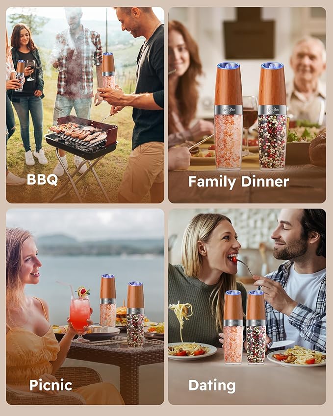 Sangcon Gravity Electric Salt and Pepper Grinder Set Battery Powered 𝐔𝐩𝐠𝐫𝐚𝐝𝐞𝐝 𝟗𝐨𝐳 𝐗𝐋 𝐂𝐚𝐩𝐚𝐜𝐢𝐭𝐲 Refillable Automatic Operation Adjustable Coarseness Mill Grinder Shakers Set