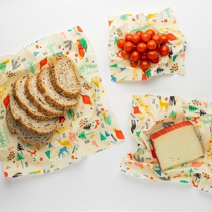 Bee's Wrap Beeswax Wraps for Food - Winter Wonderland 3 Pack (S, M, L) Made in USA Reusable & Organic Food Wraps, Sandwich Wrap & Bowl Covers - Eco-Friendly Alternative to Aluminum Foil & Plastic Wrap